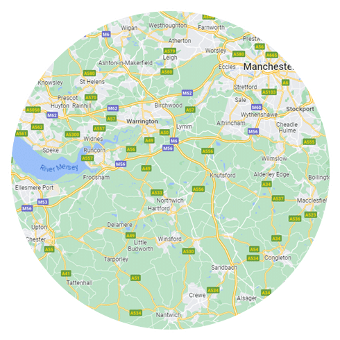 Map of service area across Cheshire and Greater Manchester
